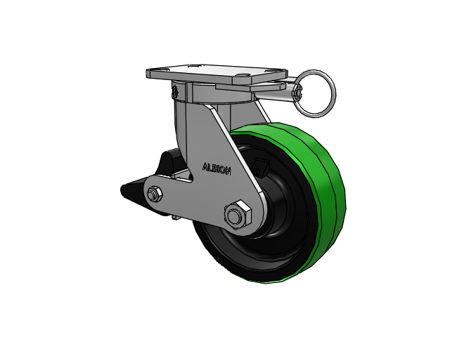 410 Series Top Plate Swivel Caster with 8 x 3 Green Tread on Black Cast Iron Core PY - Polyurethane (Cast Iron Core) Wheel and Poly Lock Integrated Brake