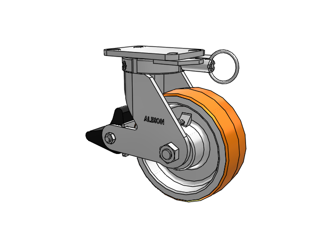 410 Series Top Plate Swivel Caster with 8 x 3 Red-Orange Tread on Cast Iron Core PY - Polyurethane 80A (Cast Iron Core) Wheel and Poly Lock Integrated Brake