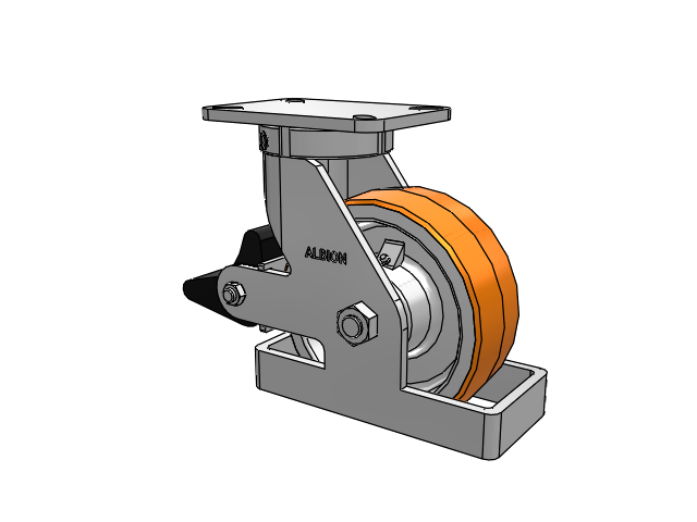 410 Series Top Plate Swivel Caster with 8 x 3 Red-Orange Tread on Cast Iron Core PY - Polyurethane 80A (Cast Iron Core) Wheel and Poly Lock Integrated Brake
