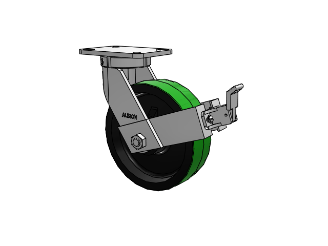 410 Series Top Plate Swivel Caster with 10 x 3 Green Tread on Black Cast Iron Core PY - Polyurethane (Cast Iron Core) Wheel and Face Brake