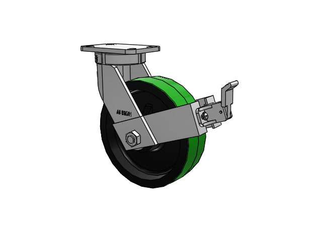 410 Series Top Plate Swivel Caster with 10 x 3 Green Tread on Black Cast Iron Core PY - Polyurethane (Cast Iron Core) Wheel and Face Brake