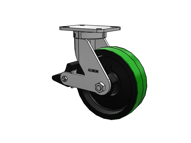 410 Series Top Plate Swivel Caster with 10 x 3 Green Tread on Black Cast Iron Core PY - Polyurethane (Cast Iron Core) Wheel and Poly Lock Integrated Brake