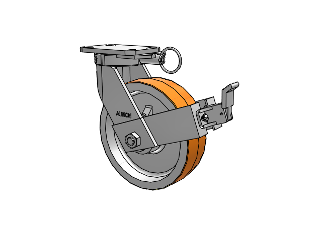 410 Series Top Plate Swivel Caster with 10 x 3 Red-Orange Tread on Cast Iron Core PY - Polyurethane 80A (Cast Iron Core) Wheel and Face Brake