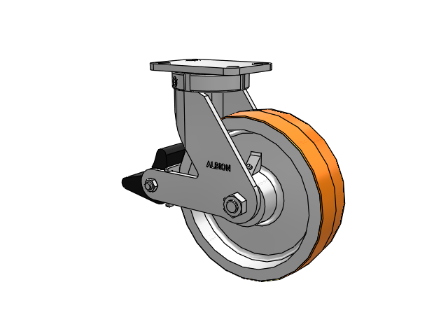 410 Series Top Plate Swivel Caster with 10 x 3 Red-Orange Tread on Cast Iron Core PY - Polyurethane 80A (Cast Iron Core) Wheel and Poly Lock Integrated Brake