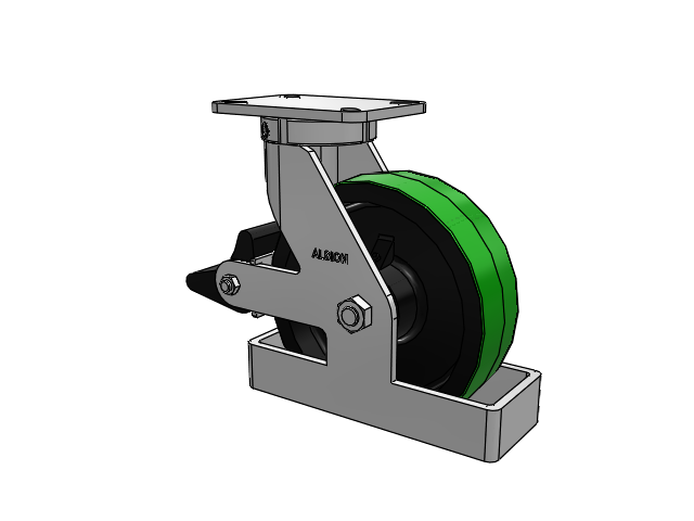 410 Series Top Plate Swivel Caster with 10 x 3 Green Tread on Black Cast Iron Core PY - Polyurethane (Cast Iron Core) Wheel and Poly Lock Integrated Brake