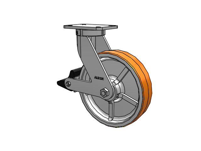 410 Series Top Plate Swivel Caster with 12 x 3 Red-Orange Tread on Cast Iron Core PY - Polyurethane 80A (Cast Iron Core) Wheel and Poly Lock Integrated Brake