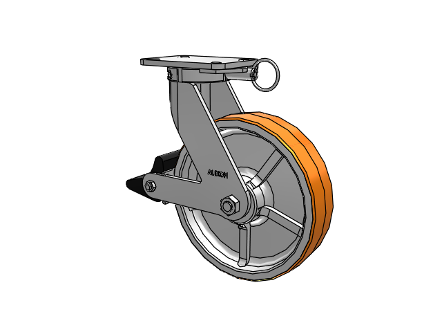 410 Series Top Plate Swivel Caster with 12 x 3 Red-Orange Tread on Cast Iron Core PY - Polyurethane 80A (Cast Iron Core) Wheel and Poly Lock Integrated Brake