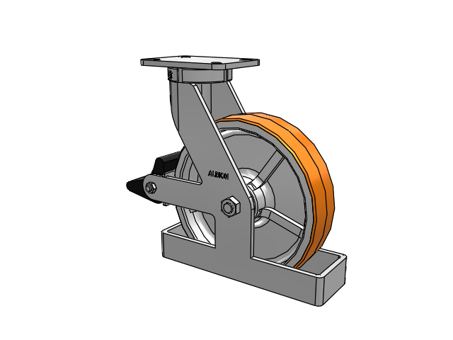410 Series Top Plate Swivel Caster with 12 x 3 Red-Orange Tread on Cast Iron Core PY - Polyurethane 80A (Cast Iron Core) Wheel and Poly Lock Integrated Brake
