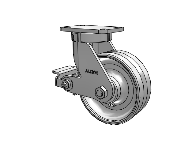 410 Series Top Plate Swivel Caster with 8 x 3 Clear Coat Enamel VF - Drop-Forged Steel V-Groove Wheel and Poly Cam Brake