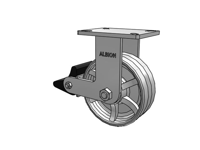 410 Series Top Plate Rigid Caster with 8 x 3 Silver Enamel Paint VG - Cast Iron V-Groove Wheel and Poly Lock Integrated Brake