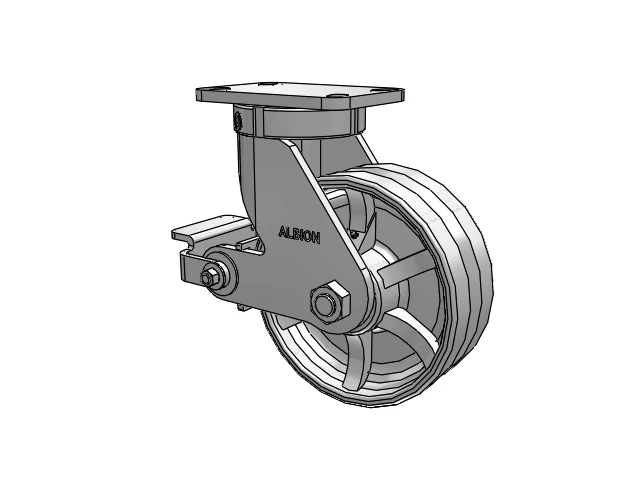 410 Series Top Plate Swivel Caster with 8 x 3 Silver Enamel Paint VG - Cast Iron V-Groove Wheel and Poly Cam Brake