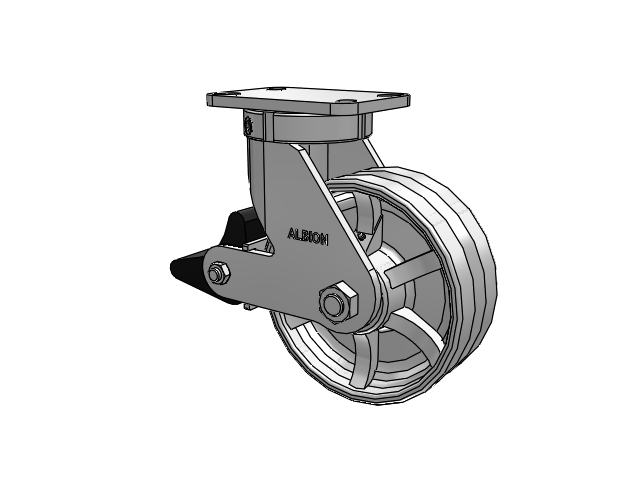 410 Series Top Plate Swivel Caster with 8 x 3 Silver Enamel Paint VG - Cast Iron V-Groove Wheel and Poly Lock Integrated Brake