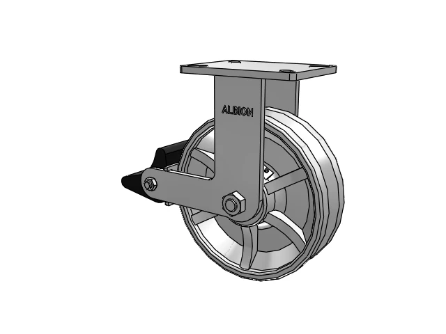 410 Series Top Plate Rigid Caster with 10 x 3 Silver Enamel Paint VG - Cast Iron V-Groove Wheel and Poly Lock Integrated Brake