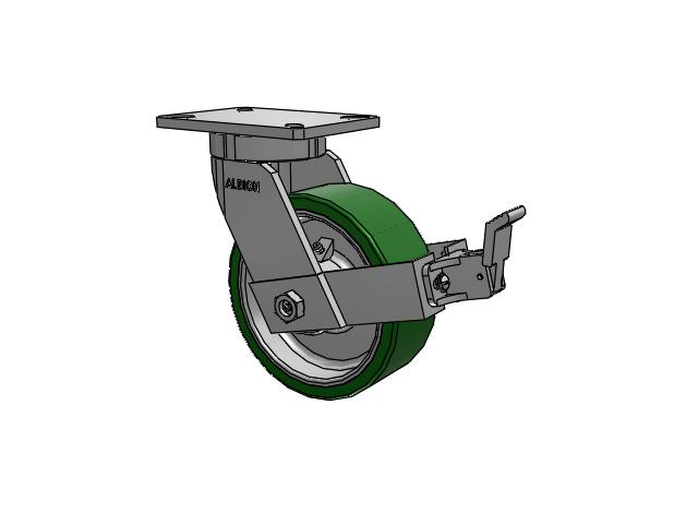 470 Series Top Plate Swivel Caster with 8 x 3 Green Tread on Aluminum Core PE - Polyurethane (Cast Iron Core) Wheel and Face Brake
