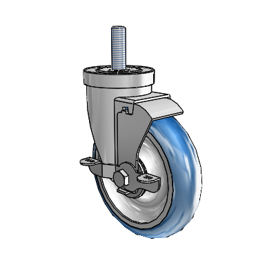 Roulette pivotante à tige filetée en zinc de la série 30, équipée d'une roue PolyLoc (bleue) de 5 x 1,25 et d'un frein VertiLoc
