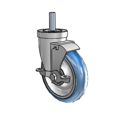 Roulette pivotante à tige filetée en zinc de la série 30, équipée d'une roue PolyLoc (bleue) de 5 x 1,25 et d'un frein VertiLoc
