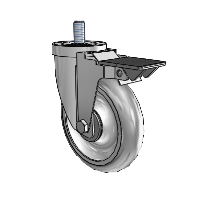 Roulette pivotante à tige filetée en zinc de la série 30, équipée d'une roue PolyLock 5 x 1,25 (grise) et d'un frein PosiLoc