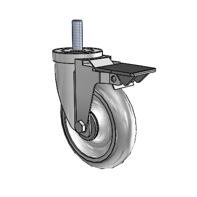 Roulette pivotante à tige filetée en zinc de la série 30, équipée d'une roue PolyLock 5 x 1,25 (grise) et d'un frein PosiLoc