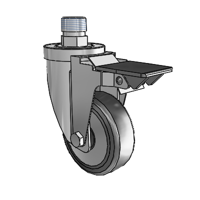 30 Series Pipe Thread Stem Zinc Swivel Caster with 5 x 1.25 Hard Rubber (+ Side Plates) Wheel and PosiLoc Brake