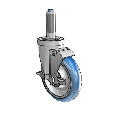 Roulette pivotante à adaptateur extensible de la série 30 en zinc, équipée d'une roue PolyLoc (bleue) de 5 x 1,25 et d'un frein VertiLoc