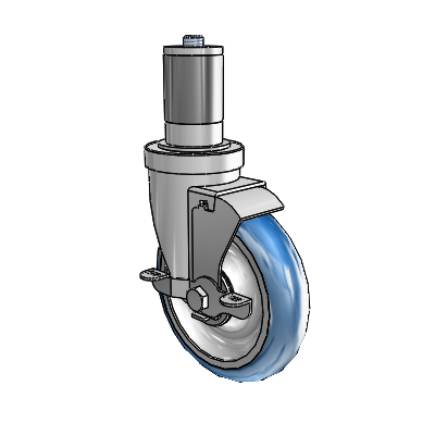 Roulette pivotante à adaptateur extensible de la série 30 en zinc, équipée d'une roue PolyLoc (bleue) de 5 x 1,25 et d'un frein VertiLoc