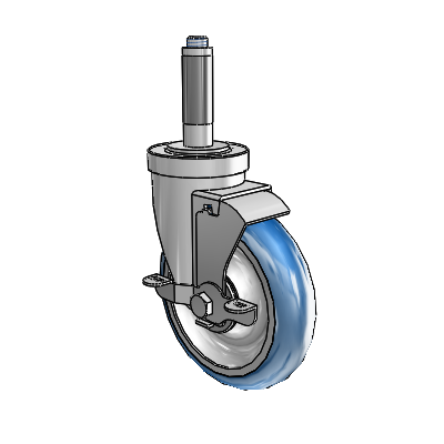 Roulette pivotante à adaptateur extensible de la série 30 en zinc, équipée d'une roue PolyLoc (bleue) de 5 x 1,25 et d'un frein VertiLoc
