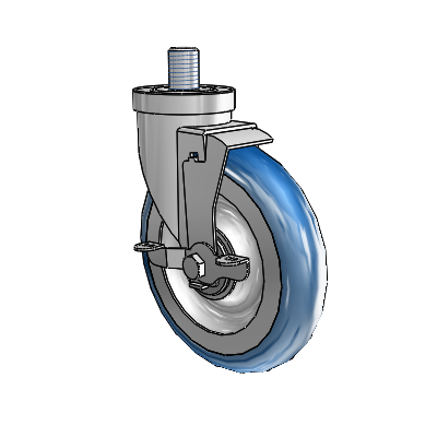 Roulette pivotante à tige filetée en zinc de la série 30, équipée d'une roue PolyLoc (bleue) de 6 x 1,25 et d'un frein VertiLoc