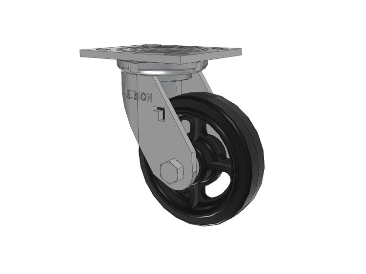 16 Series Top Plate Swivel Caster with 5 x 1.5 Black Tread on Black Enamel Core MR - Moldon Rubber (Cast Iron Core) Wheel