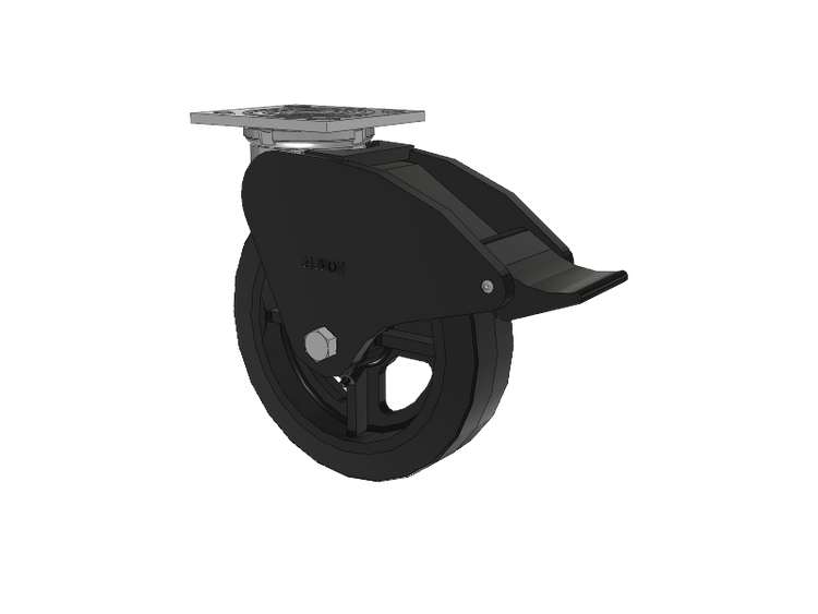 16 Series Top Plate Swivel Caster with 8 x 2 Black Tread on Black Enamel Core MR - Moldon Rubber (Cast Iron Core) Wheel and Total Lock Brake