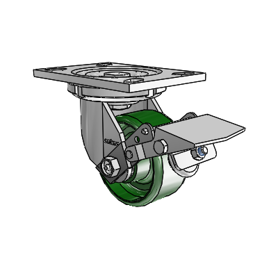 6 Series Casters Top Plate Swivel Zinc Caster with 4 x 2 Green Cast Iron Wheel and Tread Lock Brake
