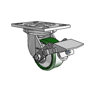 6 Series Casters Top Plate Swivel Zinc Caster with 4 x 2 Green Cast Iron Wheel and Tread Lock Brake