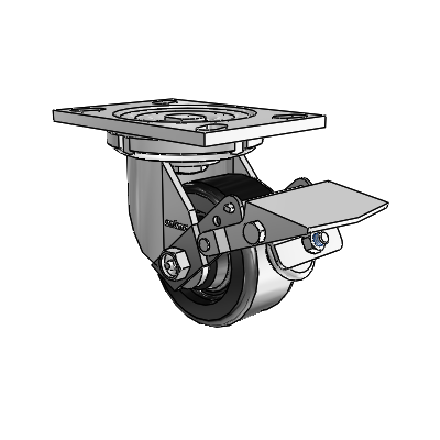 Roulettes de la série 6 : roulette pivotante à plaque supérieure en zinc, équipée de 4 roues phénoliques noires de 2 et d'un frein à blocage de la bande de roulement