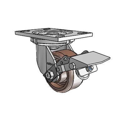Roulettes de la série 6 : roulette pivotante à plaque supérieure en zinc, équipée de 4 roues thermo-moulées marron de 2 et d'un frein à blocage de la bande de roulement