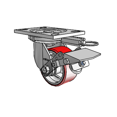6 Series Casters Top Plate Swivel Zinc Caster with 4 x 2 Maroon on Silver Moldon Polyurethane (Cast Iron Core) Wheel and Tread Lock Brake