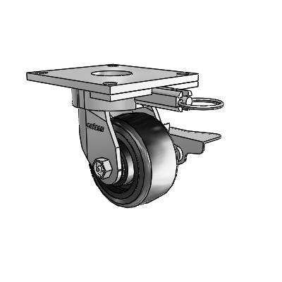 Roulettes sans pivot de la série 6 : roulette pivotante à plaque supérieure équipée de 4 roues Trans-forma LT (plates) disposées en 2 rangées et d'un frein à blocage latéral