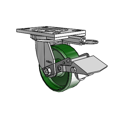 6 Series Casters Top Plate Swivel Zinc Caster with 5 x 2 Green Cast Iron Wheel and Tread Lock Brake