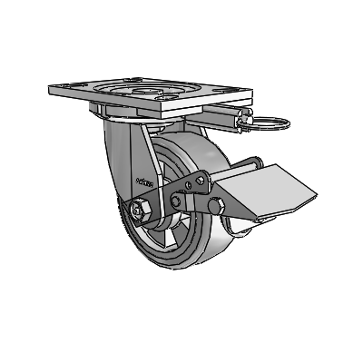 Roulettes de la série 6, plaque supérieure pivotante en zinc, équipées de 5 roues « Grey on Grey » Trans-forma HD (plates) de 2 et d'un frein à blocage de la bande de roulement