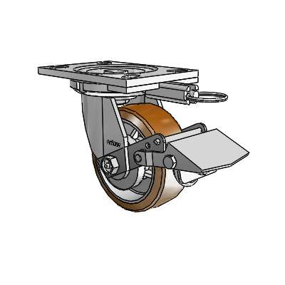 6 Series Casters Top Plate Swivel Zinc Caster with 5 x 2 Brown on Silver Moldon Nylon (Aluminum Core) Wheel and Tread Lock Brake