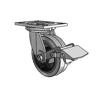 Roulettes de la série 6 : roulette pivotante à plaque supérieure en zinc, équipée de 6 roues Performa « gris sur gris » (plates/conductrices) de 2 et d'un frein à blocage de la bande de roulement