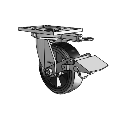 6 Series Casters Top Plate Swivel Zinc Caster with 6 x 2 Black on Black Trans-forma LT (Flat) Wheel and Tread Lock Brake