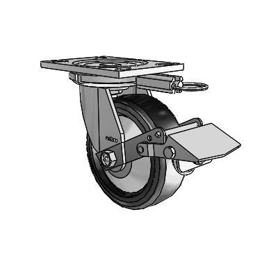 6 Series Casters Top Plate Swivel Zinc Caster with 6 x 2 Black on Black Trans-forma LT (Flat) Wheel and Tread Lock Brake