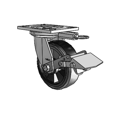 6 Series Casters Top Plate Swivel Zinc Caster with 6 x 2 Black on Black Trans-forma LT (Flat) Wheel and Tread Lock Brake