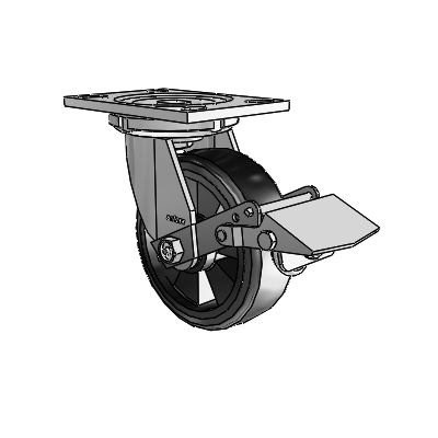 Roulettes de la série 6 : roulette pivotante à plaque supérieure en zinc, équipée de 6 roues « 2 » noires sur fond noir Trans-forma LT (plates) et d'un frein à blocage de la bande de roulement