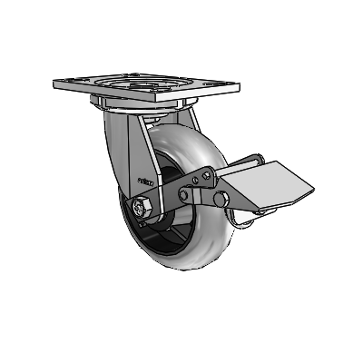Roulettes de la série 6 : roulette pivotante à plaque supérieure en zinc, équipée de 6 roues Performa « gris sur gris » (rondes/conductrices) de 2 et d'un frein à blocage de la bande de roulement