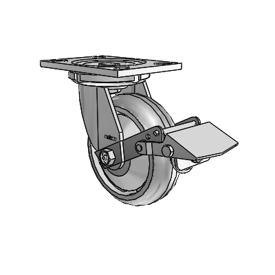 Roulettes de la série 6 : roulette pivotante à plaque supérieure en zinc, équipée de 6 roues « Trans-forma » (rondes) grises sur fond gris (6 x 2) et d'un frein à blocage de la bande de roulement