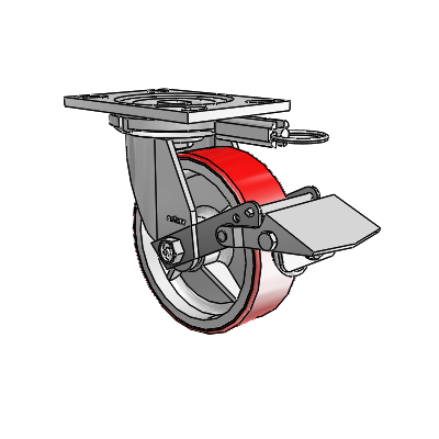 6 Series Casters Top Plate Swivel Zinc Caster with 6 x 2 Maroon on Silver Moldon Polyurethane (Cast Iron Core) Wheel and Tread Lock Brake