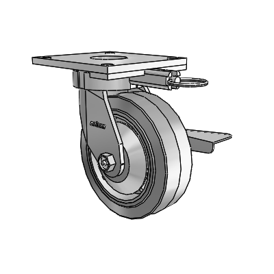 Roulettes sans pivot de la série 6 : roulette pivotante à plaque supérieure, équipée d'une roue en caoutchouc Performa 6 x 2 (plate/grise) et d'un frein à blocage latéral
