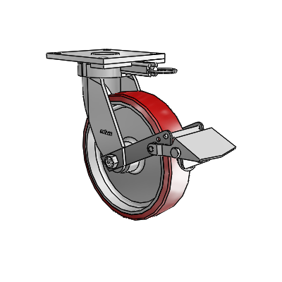 6 Series Kingpinless Casters Top Plate Swivel Caster with 8 x 2 Moldon Polyurethane (Aluminum Core) Wheel and Tread Lock Brake