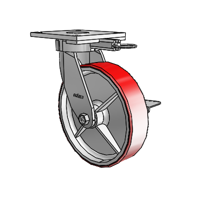 6 Series Kingpinless Casters Top Plate Swivel Caster with 8 x 2 Moldon Polyurethane (Cast Iron Core) Wheel and Side Lock Brake