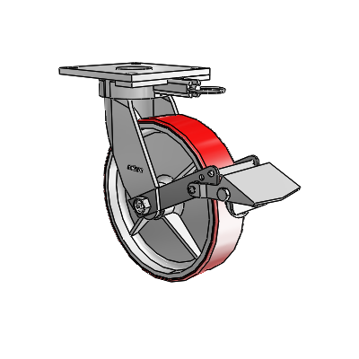 6 Series Kingpinless Casters Top Plate Swivel Caster with 8 x 2 Moldon Polyurethane (Cast Iron Core) Wheel and Tread Lock Brake